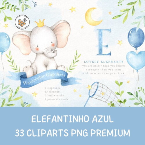 Kit Digital Elefantinho Baby Azul Aquarela - Lovely Elephant