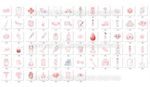 Kit Digital Elementos Medicina Rosa Aquarela Png