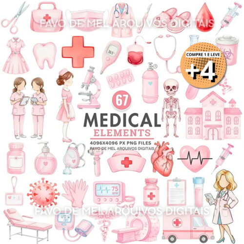 Kit Digital Elementos Medicina Rosa Aquarela Png