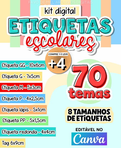 Kit Digital Etiquetas Escolares 2026 Combo 70 Temas Canva