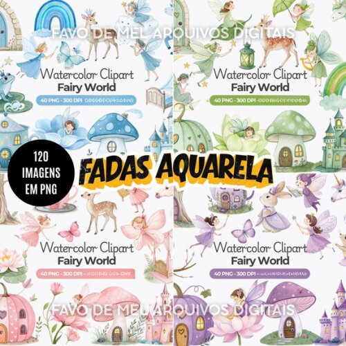 Kit Digital Fadas Aquarela - Combo 4 Kits Digitais Png