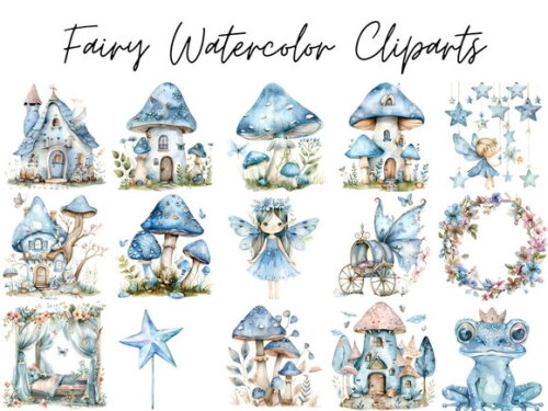 Kit Digital Fadinhas Azul Aquarela Png Jardim das Fadas