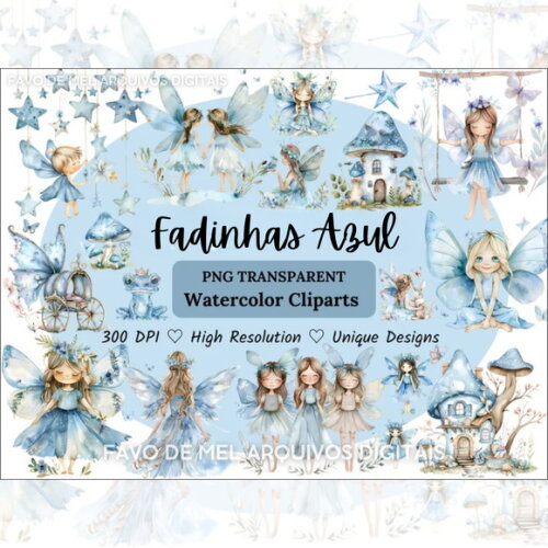 Kit Digital Fadinhas Azul Aquarela Png Jardim das Fadas