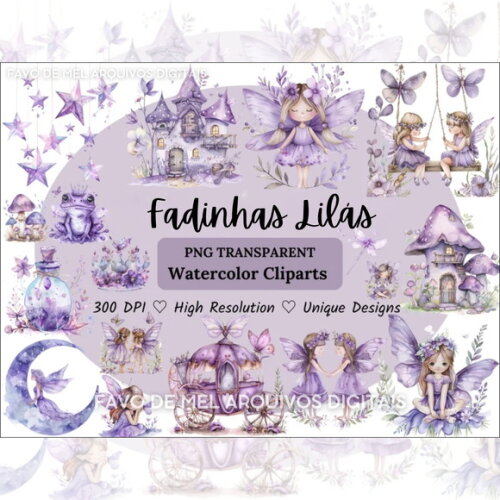 Kit Digital Fadinhas Lilás Png Jardim das Fadas Aquarela Png