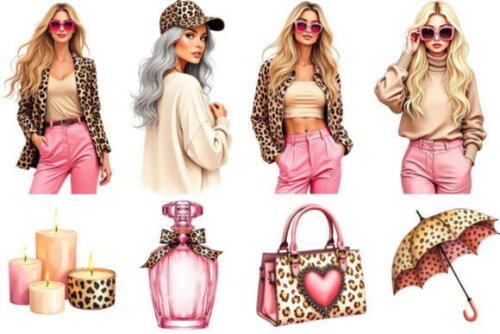 Kit Digital Fashion Animal Print Blogueira Aquarela Png