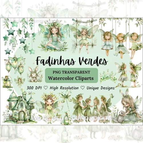 Kit Digital Fadinhas Verde Aquarela Png Jardim das Fadas