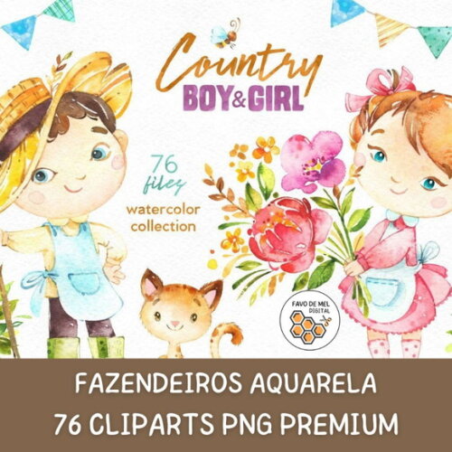 Kit Digital Fazendeiros Aquarela Premium Countryboy And Girl