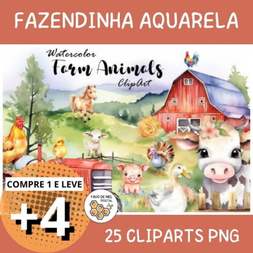 Kit Digital Fazendinha Aquarela - Charming Farm Animals