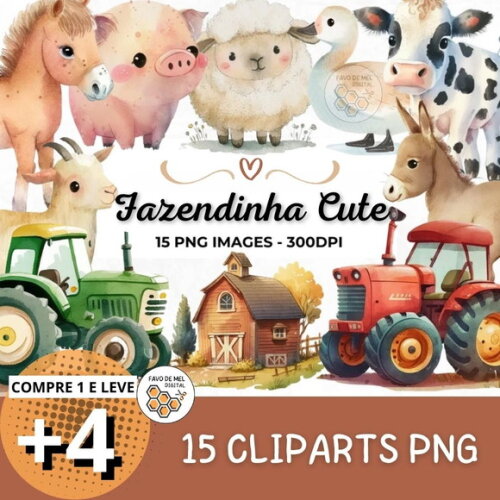 Kit Digital Fazendinha Aquarela - Cute Farm Yard Animals
