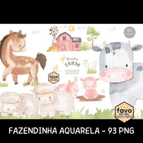 Kit Digital Fazendinha Aquarela - Cute Farm