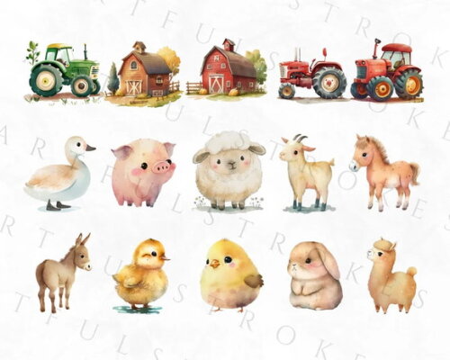 Kit Digital Fazendinha Aquarela - Cute Farm Yard Animals