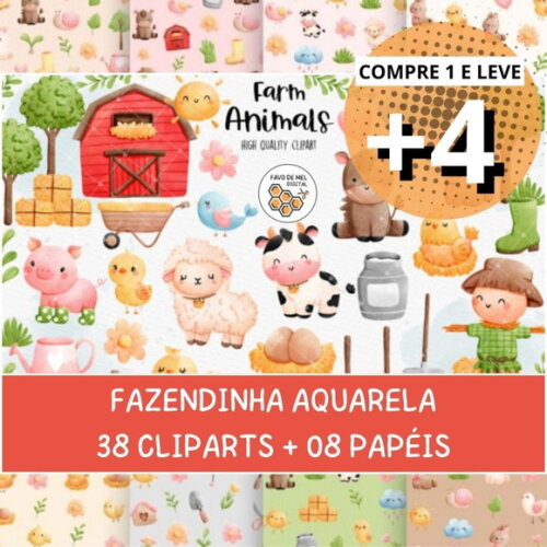 Kit Digital Fazendinha Aquarela - Farm Animals