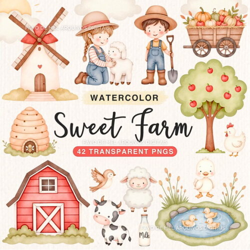 Kit Digital Fazendinha Aquarela Cute #48 Png Premium