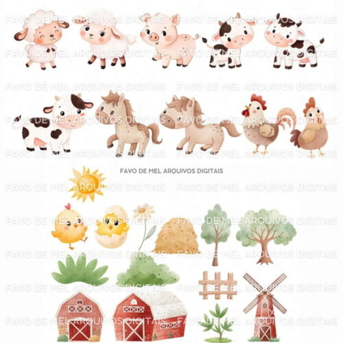 Kit Digital Fazendinha Aquarela Png Animais da Fazenda