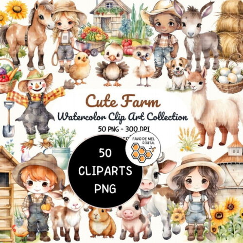 Kit Digital Fazendinha Aquarela Premium - Cute Farm Cc