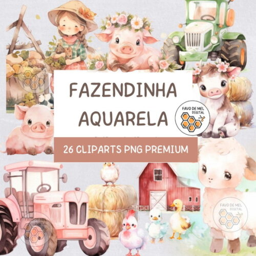 Kit Digital Fazendinha Aquarela Premium - Farm Animals (hc)