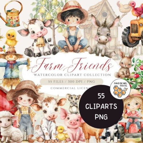 Kit Digital Fazendinha Aquarela Premium - Farm Friends