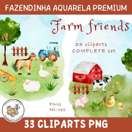 Kit Digital Fazendinha Aquarela Premium - Farm Friends