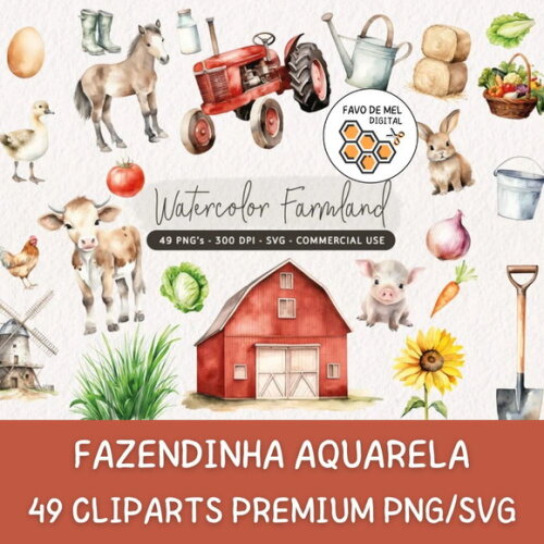 Kit Digital Fazendinha Aquarela Premium- Watercolor Farmland