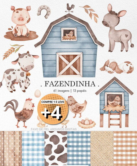 Kit Digital Fazendinha Azul Aquarela (pague 1 Leve +4)