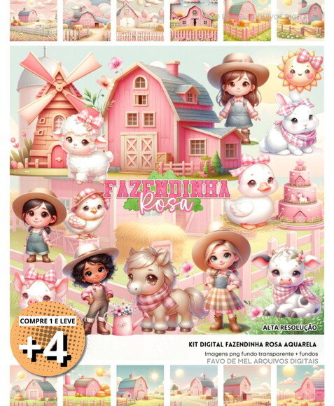 Kit Digital Fazendinha Rosa Aquarela #3 (pague 1 Leve +4)