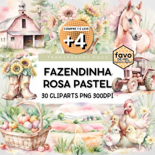 Kit Digital Fazendinha Rosa Aquarela Country Farm Life Msp