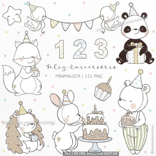 Kit Digital Feliz Aniversário Minimalista - Animais Png