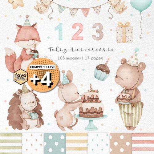 Kit Digital Feliz Aniversário Animais Aquarela Png