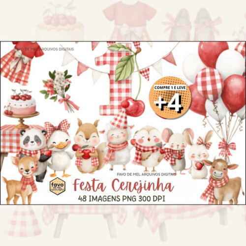 Kit Digital Festa Cerejinha Aquarela #2 (pague 1 Leve 5) Png
