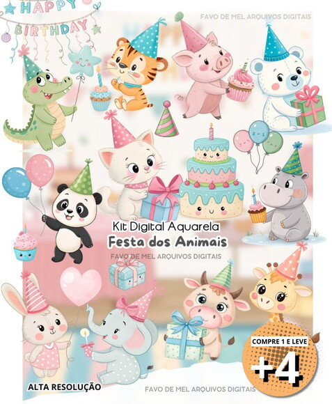 Kit Digital Festa dos Animais Aquarela Png (pague 1 Leve +4)