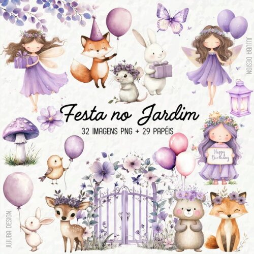 Kit Digital Festa no Jardim Lilás Png Jardim das Fadas