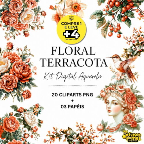 Kit Digital Floral Aquarela - Floral Terracota