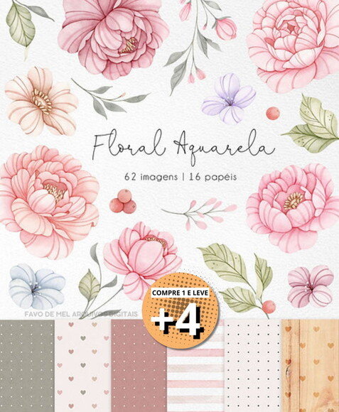 Kit Digital Floral Aquarela - Flores Alfabeto e Papéis