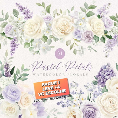 Kit Digital Floral Aquarela Lilás Lavanda Rosas Brancas Png