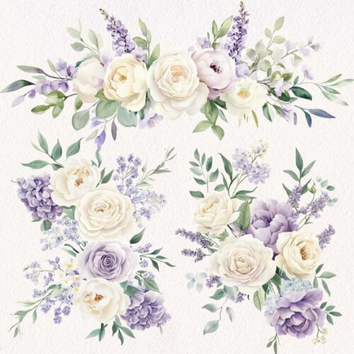 Kit Digital Floral Aquarela Lilás Lavanda Rosas Brancas Png