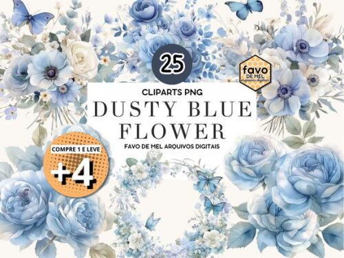 Kit Digital Floral Azul Aquarela - Dusty Blue Bd