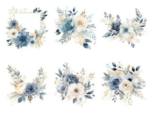 Kit Digital Floral Azul Aquarela - Dusty Blue Scotch
