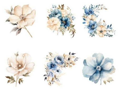 Kit Digital Floral Azul Aquarela - Dusty Blue Scotch