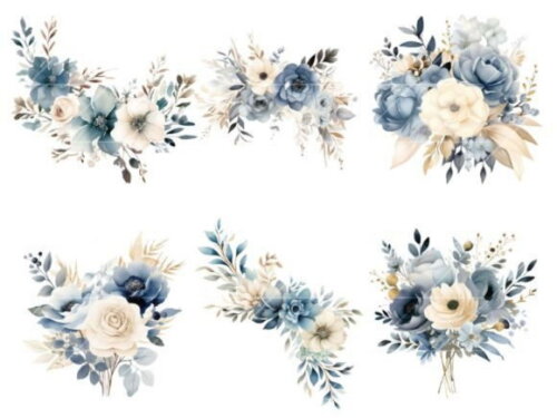 Kit Digital Floral Azul Aquarela - Dusty Blue Scotch