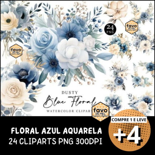 Kit Digital Floral Azul Aquarela - Dusty Blue Scotch