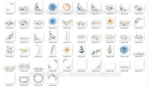 Kit Digital Floral Azul Aquarela #5 Png Brisa Floral