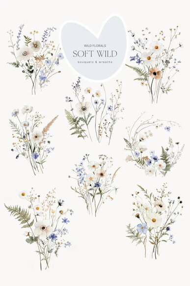 Kit Digital Floral Azul Aquarela #4 Png Buquê Floral
