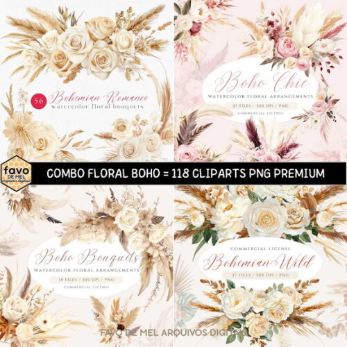 Kit Digital Floral Boho Aquarela - Combo Png Premium