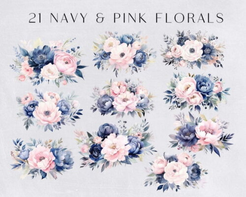 Kit Digital Floral Marinho e Rosa Aquarela - Navy Pink (hc)