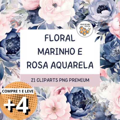 Kit Digital Floral Marinho e Rosa Aquarela - Navy Pink (hc)