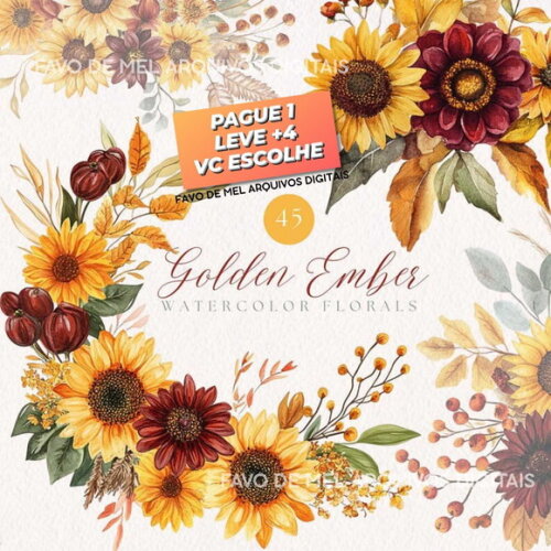 Kit Digital Floral Girassol Aquarela Arranjos Png