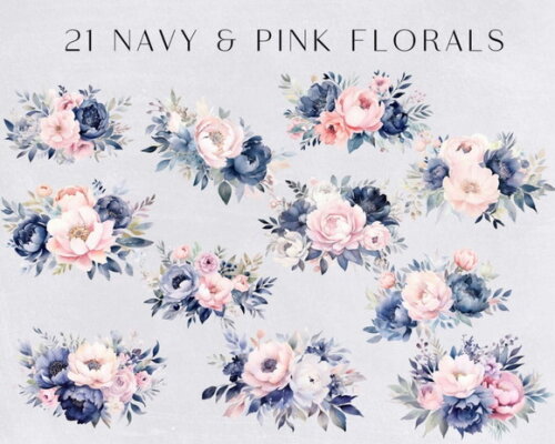 Kit Digital Floral Marinho e Rosa Aquarela - Navy Pink (hc)