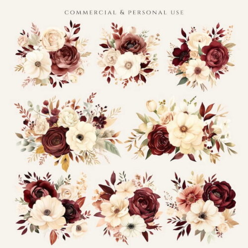 Kit Digital Floral Marsala Aquarela Png Arranjos Rosas Png
