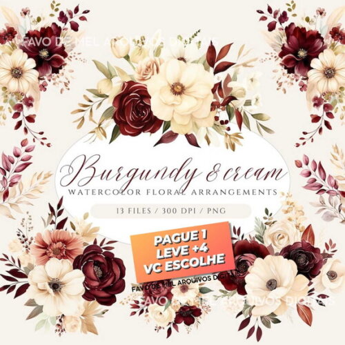 Kit Digital Floral Marsala Aquarela Png Arranjos Rosas Png