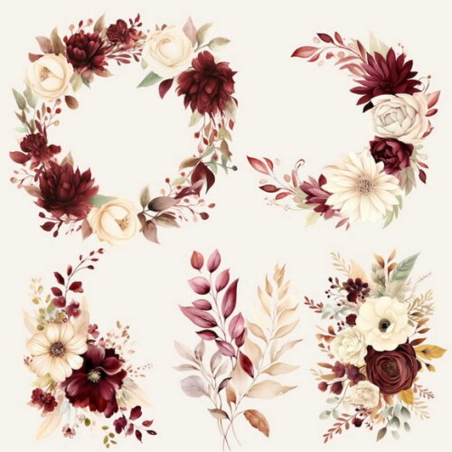 Kit Digital Floral Marsala Aquarela Png Arranjos Rosas Png